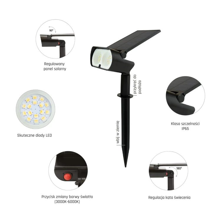 OCULUS SOLARIS CCT IP65 290x188x95mm Czarna wbijana/z podstawką + pilot SLI049002 SPECTRUM LED