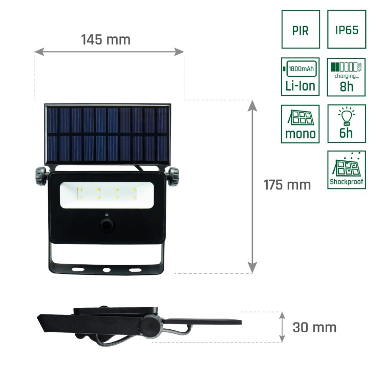 NOCTIS SOLARIS MINI Naświetlacz 2W CW 110st IP65 175x145x30mm Czarny SLI050001 SPECTRUM LED solarny