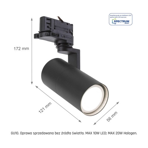 Lampa szynowa Reflektor szynowy MADARA MINI II GU10 na Szynoprzewód 3F GU10 250V IP20 56,5x121x172mm Czarny SLIP003007 SPECTRUM LED szynoprzewodu