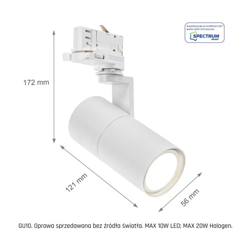 Lampa szynowa Reflektor szynowy MADARA MINI II GU10 na Szynoprzewód 3F GU10 250V IP20 56,5x121x172mm Biały SLIP003008 SPECTRUM LED szynoprzewodu