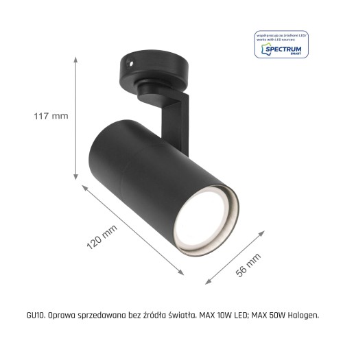 Lampa sufitowa MADARA MINI II GU10 BAZA GU10 250V IP20 56x120x117mm Czarny SLIP003013 SPECTRUM LED regulowana