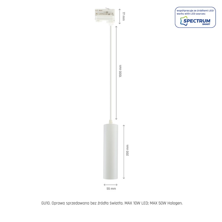 Lampa szynowa wisząca punktowa MADARA MINI II GU10 Zwis na Szynoprzewód 3F 230V IP20 fi55*200mm Biały kabel 1m SLIP003016 SPECTRUM LED szynoprzewodu