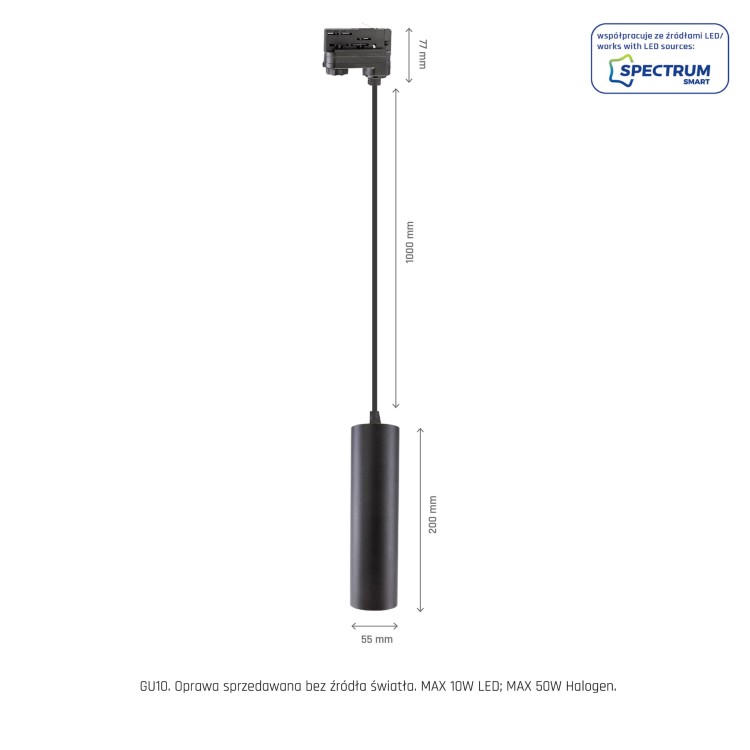 Lampa szynowa wisząca punktowa MADARA MINI II GU10 Zwis na Szynoprzewód 3F 230V IP20 fi55*200mm Czarny kabel 1m SLIP003017 SPECTRUM LED szynoprzewodu