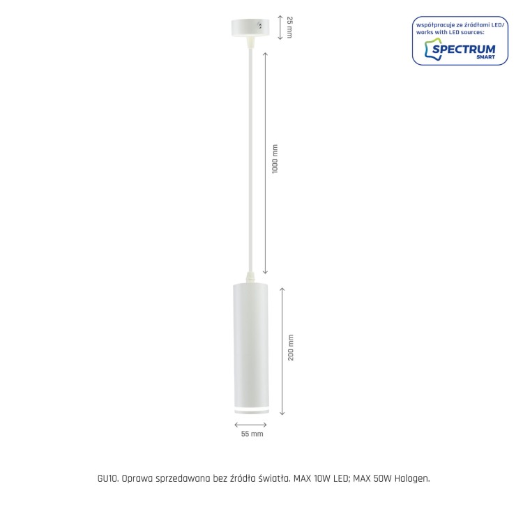 Lampa sufitowa MADARA MINI RING GU10 Zwis BAZA 230V IP20 fi55*200mm Biały kabel 1m SLIP003018 SPECTRUM LED