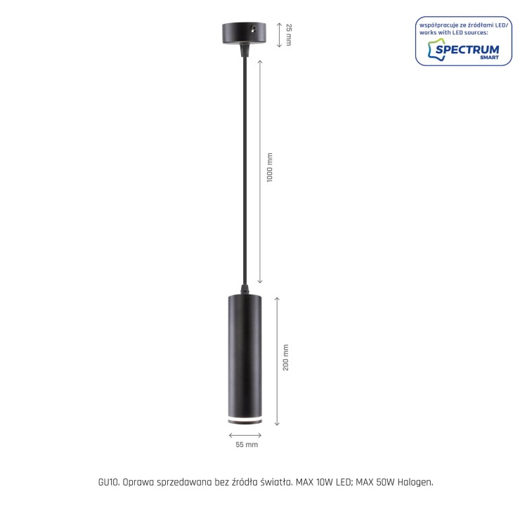 Lampa sufitowa MADARA MINI RING GU10 Zwis BAZA 230V IP20 fi55*200mm Czarny kabel 1m SLIP003019 SPECTRUM LED
