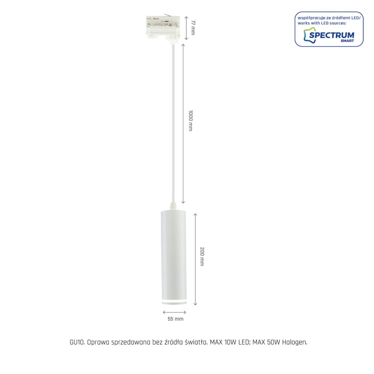 Lampa szynowa wisząca punktowa MADARA MINI RING GU10 Zwis na Szynoprzewód 3F 230V IP20 fi55*200mm Biały kabel 1m SLIP003020 SPECTRUM LED szynoprzewodu