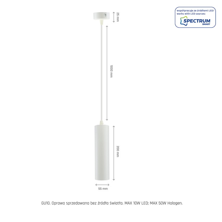 Lampa sufitowa MADARA MINI II GU10 Zwis BAZA 230V IP20 fi55*200 mm Biały kabel 1m SLIP003022 SPECTRUM LED