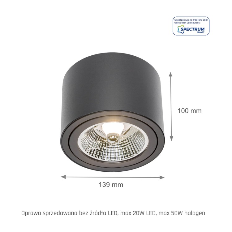 CHLOE AR111 Natynkowa GU10 250V IP20 139x100mm Czarny okrągła Ruchoma SLIP005013 SPECTRUM LED spot