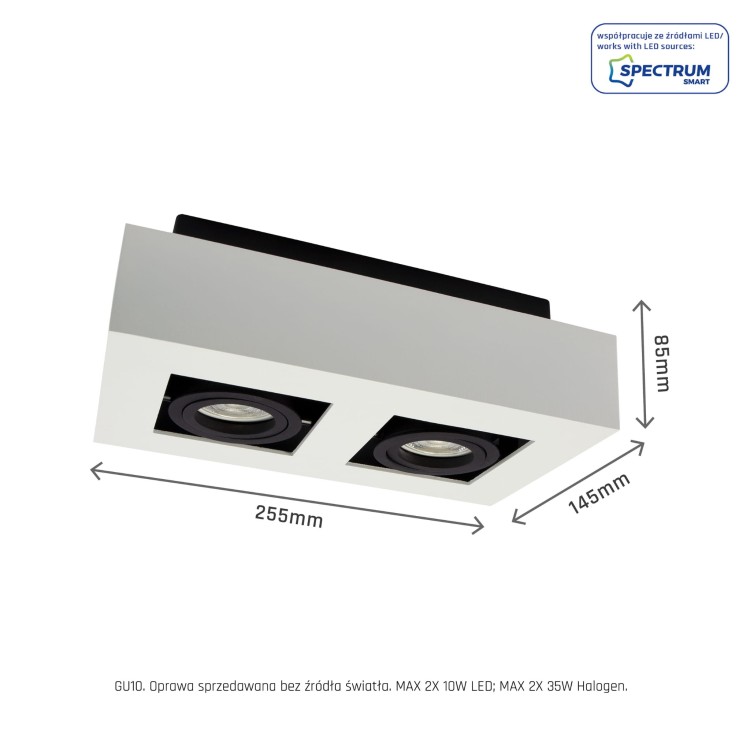 Oprawa sufitowa downlight MIRORA GU10 X2 Natynkowa GU10 250V IP20 255X145X85 mm Biały Czarny Prostokątna Ruchoma SLIP005046 SPECTRUM LED