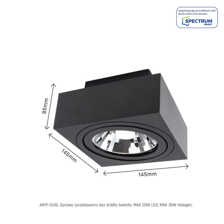 Oprawa sufitowa downlight MIRORA AR111 Natynkowa GU10 250V IP20 145X145X85mm Czarny Kwadratowa Ruchoma SLIP005048 SPECTRUM LED