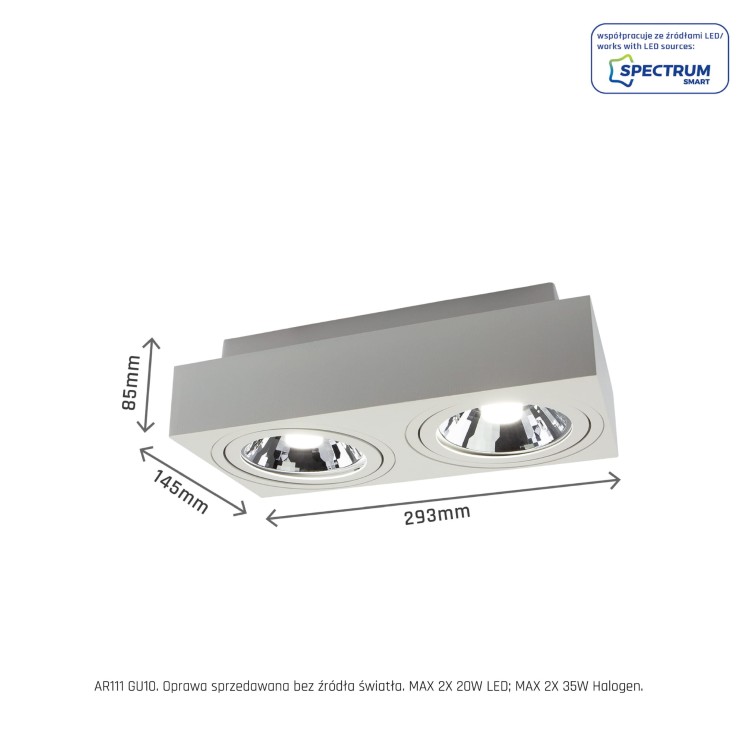 Oprawa sufitowa downlight MIRORA AR111 X2 Natynkowa GU10 250V IP20 293X145X 85mm Biały Prostokątna Ruchoma SLIP005049 SPECTRUM LED
