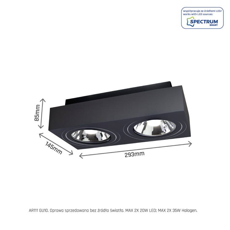 Oprawa sufitowa downlight MIRORA AR111 X2 Natynkowa GU10 250V IP20 293X145X 85mm Czarny Prostokątna Ruchoma SLIP005050 SPECTRUM LED