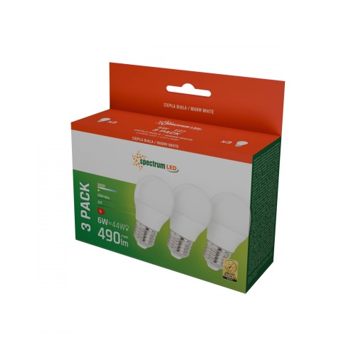 Żarówka LED kulka E-27 E27 230V 6W WW 3-Pack WOJ+13024_3PACK SPECTRUM LED