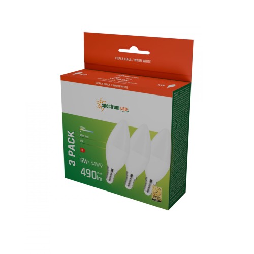 Żarówka LED świecowa świeczka E-14 E14 230V 6W WW 3-Pack WOJ+13026_3PACK SPECTRUM LED
