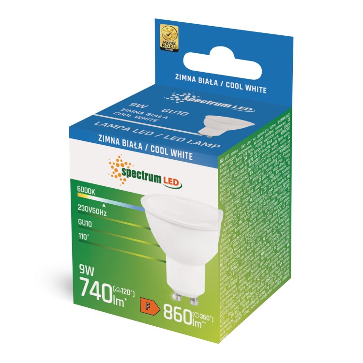 Żarówka LED GU10 230V 9W SMD CW z mleczną szybką biała WOJ+13257_9W SPECTRUM LED