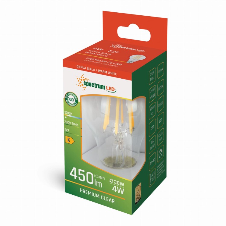 Żarówka LED GLS E-27 E27 230V 4W COG WW CLEAR WOJ+13876 SPECTRUM LED