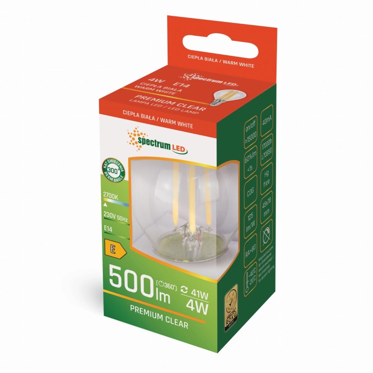 Żarówka LED kulka E-14 E14 230V 4W COG WW CLEAR WOJ+14071 SPECTRUM LED