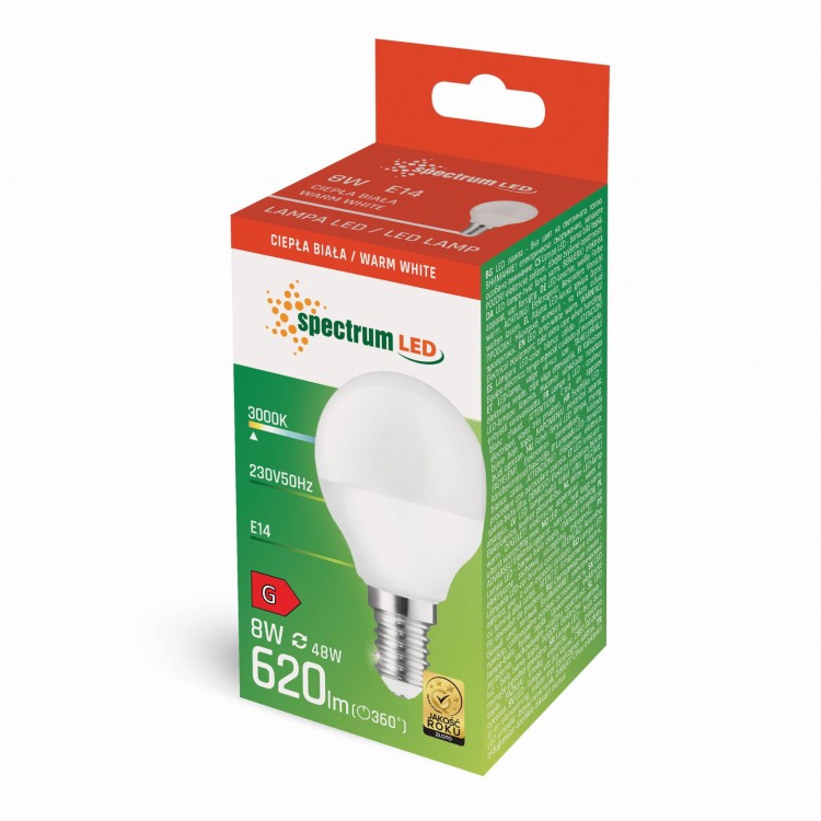 Żarówka LED kulka E-14 E14 230V 8W WW WOJ+14215 SPECTRUM LED