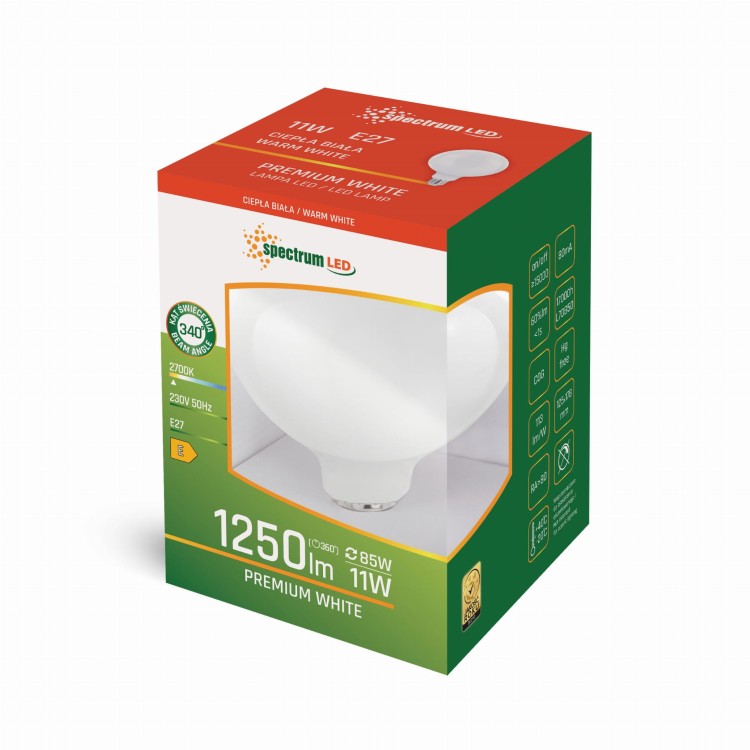 Żarówka LED GLOB E-27 E27 G125 230V 11W COG WW MILKY WOJ+14367 SPECTRUM LED