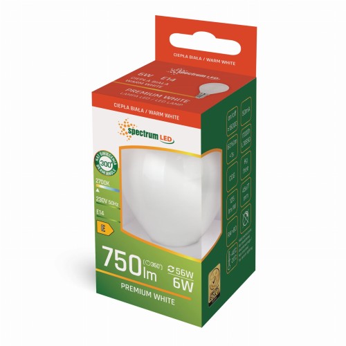 Żarówka LED kulka E-14 E14 230V 6W COG WW MILKY WOJ+14394 SPECTRUM LED