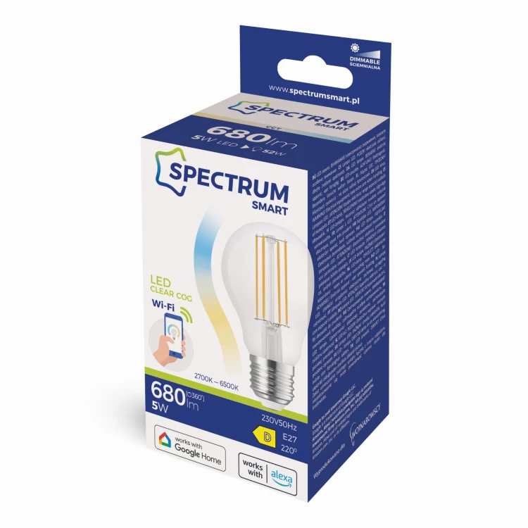 Żarówka LED GLS 5W E-27 E27 COG 230V CCT+DIM CLEAR Wi-Fi SMART WOJ+14418 SPECTRUM LED