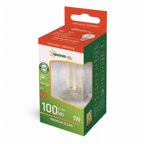 Żarówka LED kulka E-27 E27 230V 1W COG WW CLEAR WOJ+14581 SPECTRUM LED