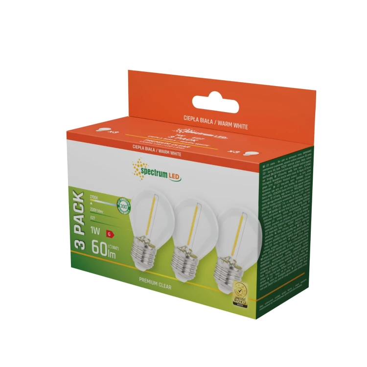 Żarówka LED kulka E-27 E27 230V 1W COG WW CLEAR 3-Pack WOJ+14581_3PACK SPECTRUM LED