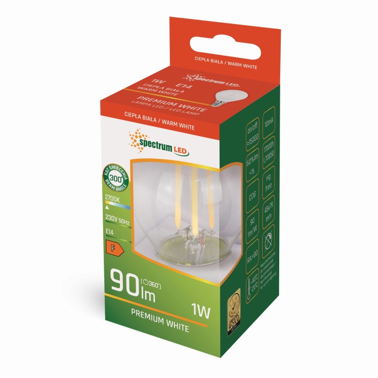 Żarówka LED kulka E-14 E14 230V 1W COG WW MILKY WOJ+14583 SPECTRUM LED