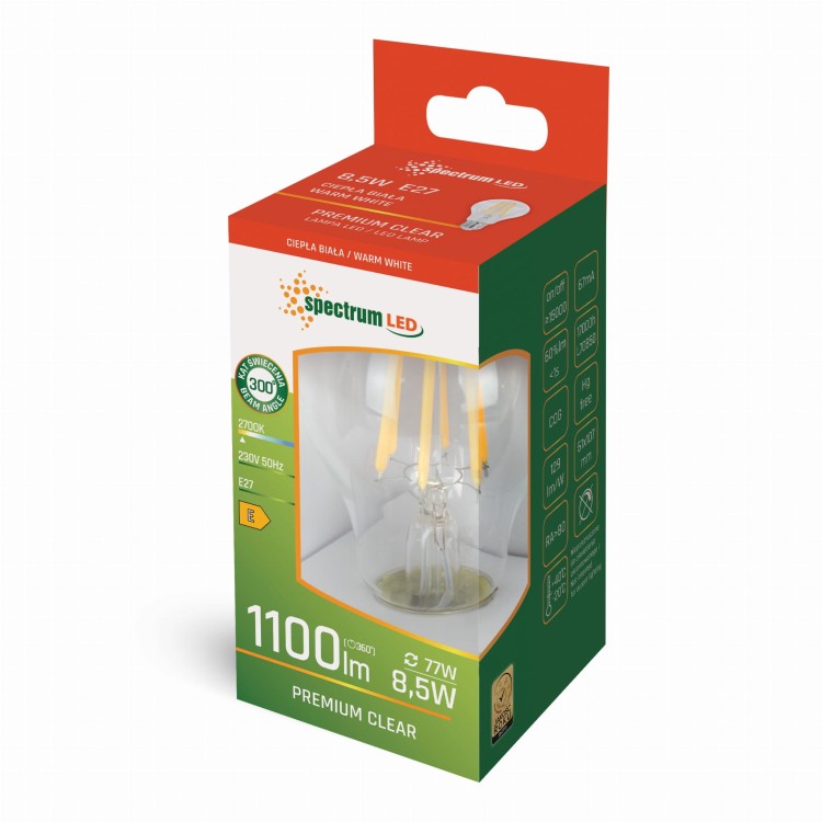 Żarówka LED GLS E-27 E27 230V 8,5W COG WW CLEAR WOJ+14595 SPECTRUM LED