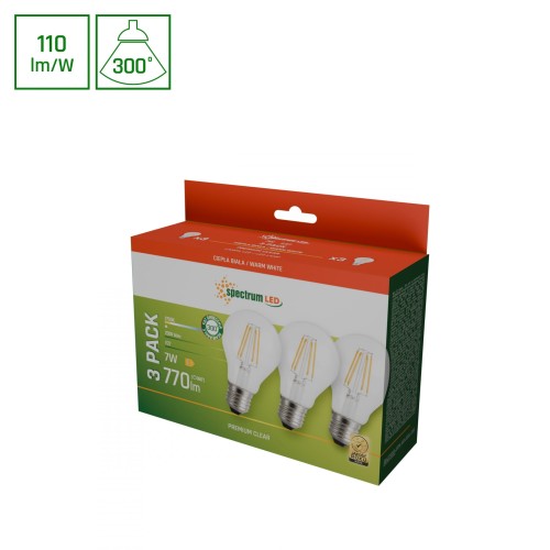 Żarówka LED GLS E-27 E27 230V 7W COG WW CLEAR 3-Pack WOJ+14599_3PACK SPECTRUM LED