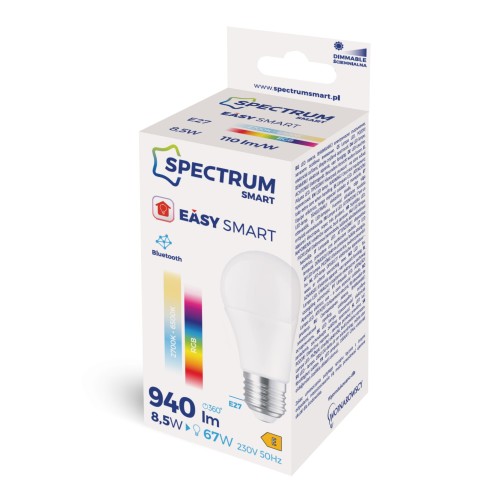 LED GLS 8,5W Żarówka E-27 E27 230V RGBW+CCT+DIM BTM SMART Easy Smart WOJ+14628 SPECTRUM LED