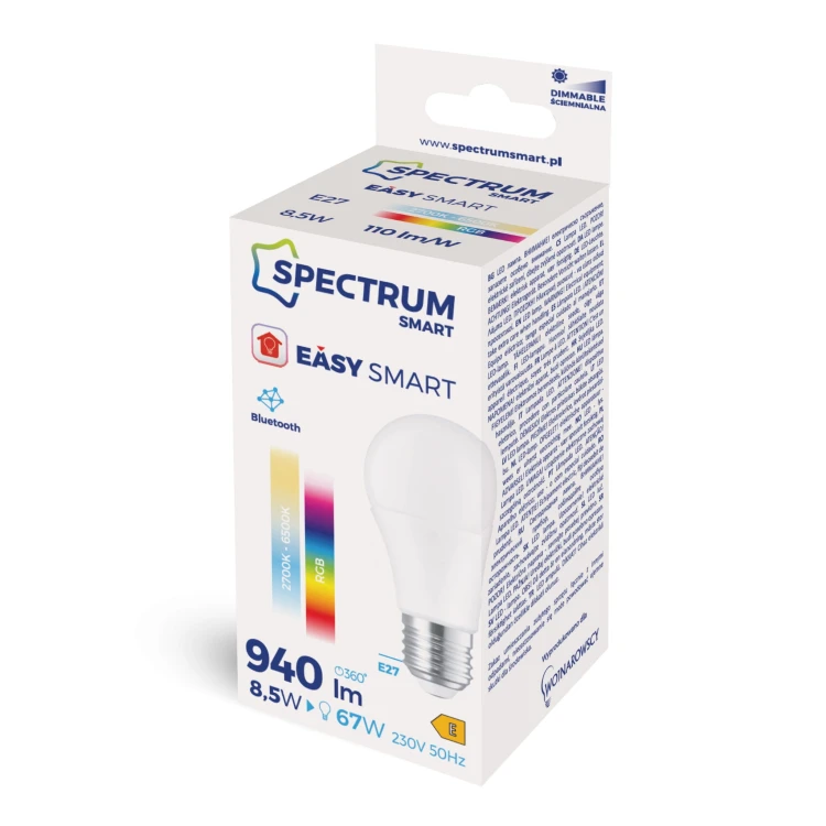 LED GLS 8,5W Żarówka E-27 E27 230V RGBW+CCT+DIM BTM SMART Easy Smart WOJ+14628 SPECTRUM LED