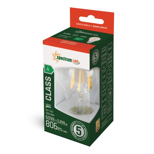 Żarówka LED GLS E-27 E27 230V 3,8W COG A-CLASS WW CLEAR 5 Lat Gwarancji WOJ+14639 SPECTRUM LED