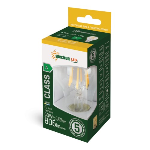 Żarówka LED GLS E-27 E27 230V 3,8W COG A-CLASS NW CLEAR 5 Lat Gwarancji WOJ+14640 SPECTRUM LED