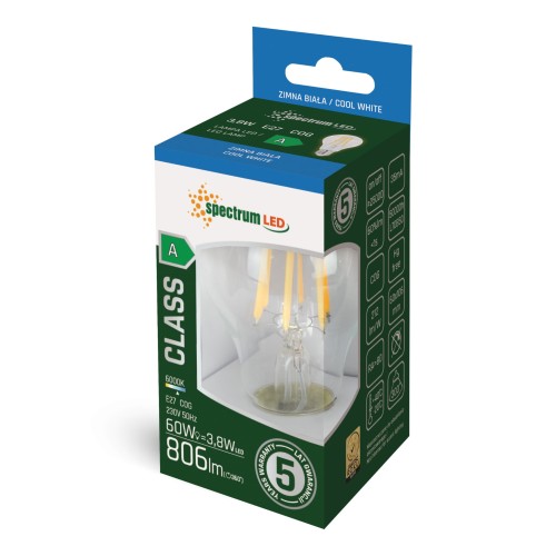 Żarówka LED GLS E-27 E27 230V 3,8W COG A-CLASS CW CLEAR 5 Lat Gwarancji WOJ+14641 SPECTRUM LED