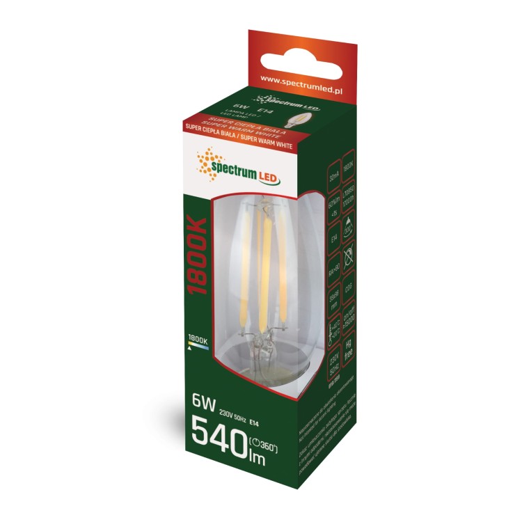 Żarówka LED świecowa świeczka E-14 E14 230V 6W COG 1800K CLEAR WOJ+14650 SPECTRUM LED
