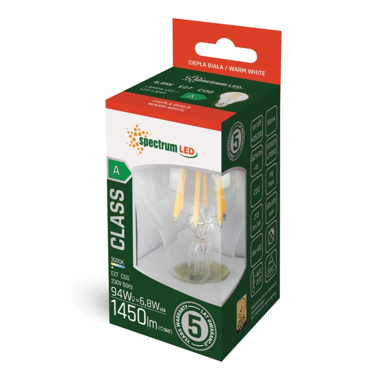 Żarówka LED GLS E-27 E27 230V 6.8W COG A-CLASS WW CLEAR 5 Lat Gwarancji WOJ+14663 SPECTRUM LED