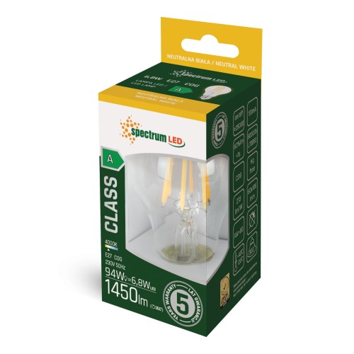Żarówka LED GLS E-27 E27 230V 6.8W COG A-CLASS NW CLEAR 5 Lat Gwarancji WOJ+14664 SPECTRUM LED