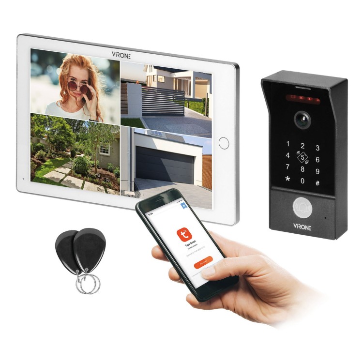 Wideodomofon MAILO VDP-70/W Virone Zestaw wideodomofonowy bezsłuchawkowy, monitor 10" LCD, WiFi, Tuya APP na telefon, z czytnikiem breloków zbliżeniowych 13,56kHz, szyfrator, z gniazdem na kartę pamięci, sterowanie bramą, biały
