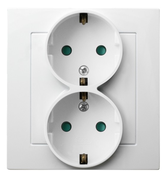 Gniazdo podwójne z uziemieniem schuko z przesłonami torów prądowych, kompletne z ramką GP-2GSP/00 As OSPEL biały białe biała