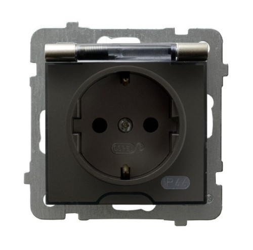 Gniazdo bryzgoszczelne z uziemieniem schuko IP-44 wieczko przezroczyste GPH-1GS/m/45/d As OSPEL satyna light