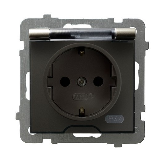 Gniazdo bryzgoszczelne z uziemieniem schuko IP-44 wieczko przezroczyste GPH-1GS/m/45/d As OSPEL satyna light