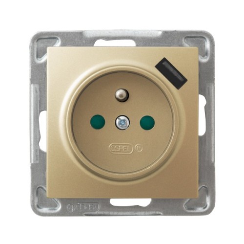 Gniazdo pojedyncze z uziemieniem z przesłonami torów prądowych, z ładowarką USB GP-1YZPUSB/m/28 Impresja OSPEL złoty metalik