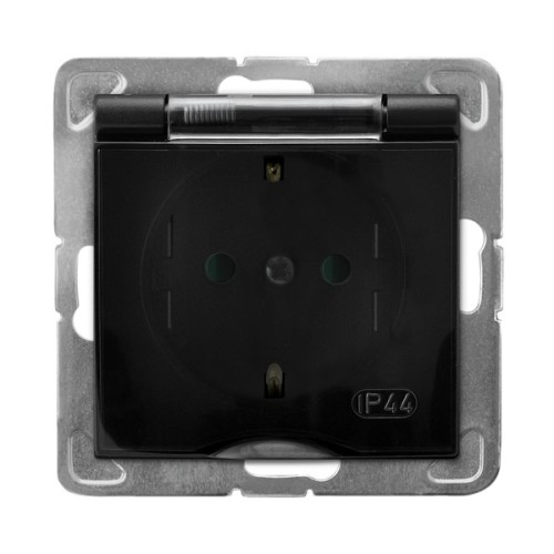 Gniazdo bryzgoszczelne z uziemieniem schuko IP-44 z przesłonami torów prądowych wieczko przezroczyste GPH-1YSP/m/33/d Impresja OSPEL czarny metalik czarne czarna