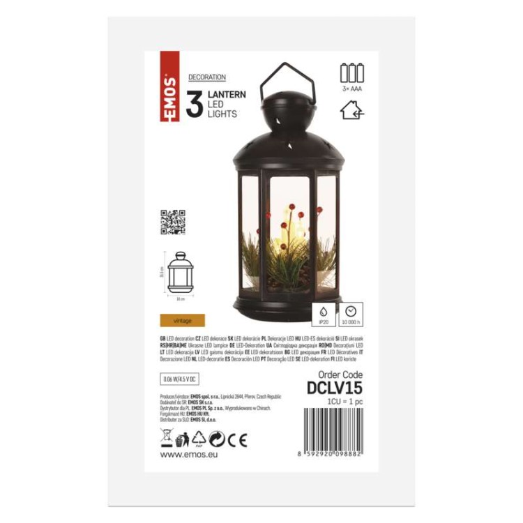 Dekoracja Lampion 1 LED 35cm 3x C WW DCLV15 Emos IP20 0,06W lampa Boże Narodzenie ozdoba świecąca dekoracja na święta świąteczna elektryczna vintage świeczka przenośna ciepły biały ciemny