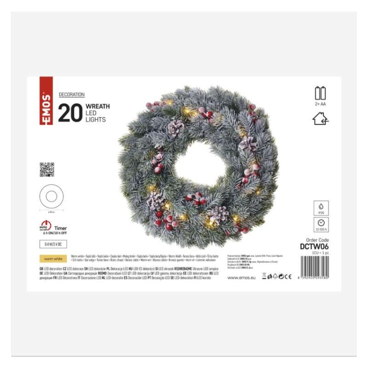 Wianek świąteczny bożonarodzeniowy na drzwi 20 LED 38cm 2x AA WW Timer DCTW06 Emos IP20 0,4W Boże Narodzenie ozdoba świecąca dekoracja na święta świąteczna elektryczna stroik wieniec ciepły biały