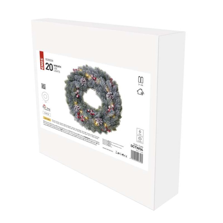 Wianek świąteczny bożonarodzeniowy na drzwi 20 LED 38cm 2x AA WW Timer DCTW06 Emos IP20 0,4W Boże Narodzenie ozdoba świecąca dekoracja na święta świąteczna elektryczna stroik wieniec ciepły biały