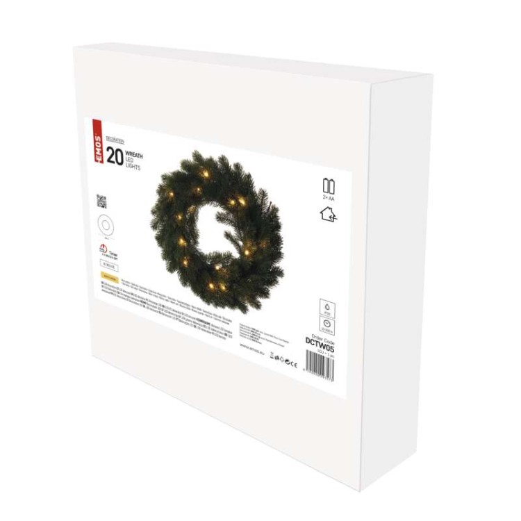 Wianek świąteczny bożonarodzeniowy na drzwi 20 LED 40cm 2x AA WW Timer DCTW05 Emos IP20 0,6W Boże Narodzenie ozdoba świecąca dekoracja na święta świąteczna elektryczna stroik wieniec ciepły biały zielony