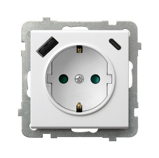 Gniazdo pojedyncze z uziemieniem schuko z przesłonami torów prądowych, z ładowarką USB A+C GP-1RSPUSBAC/m/00 Sonata OSPEL biały białe biała