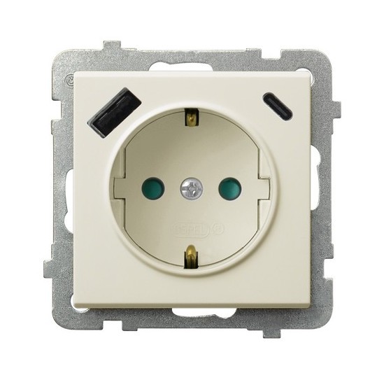 Gniazdo pojedyncze z uziemieniem schuko z przesłonami torów prądowych, z ładowarką USB A+C GP-1RSPUSBAC/m/27 Sonata OSPEL ecru